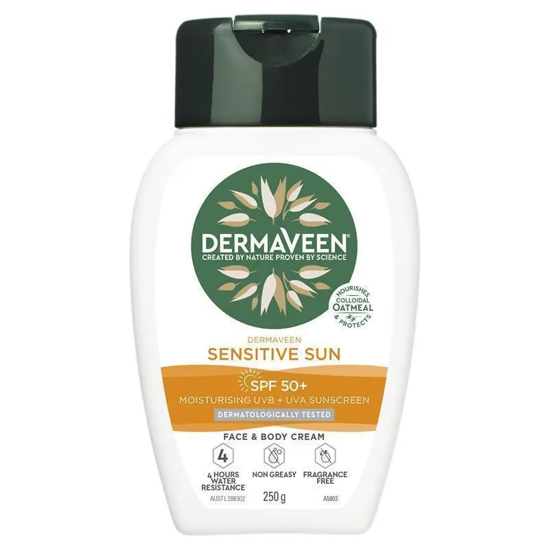 dermaveen sensitive sun spf 50+ moisturising face & body cream 250g dermaveen sensitive sun spf 50+ moisturising face & body cream 250g